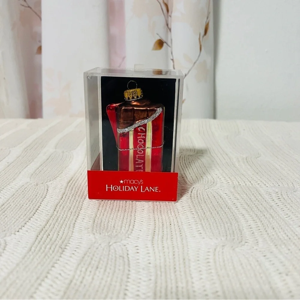 Vintage Holiday Lane Christmas Molded Glass Chocolate Bar Ornament NWOT Box
